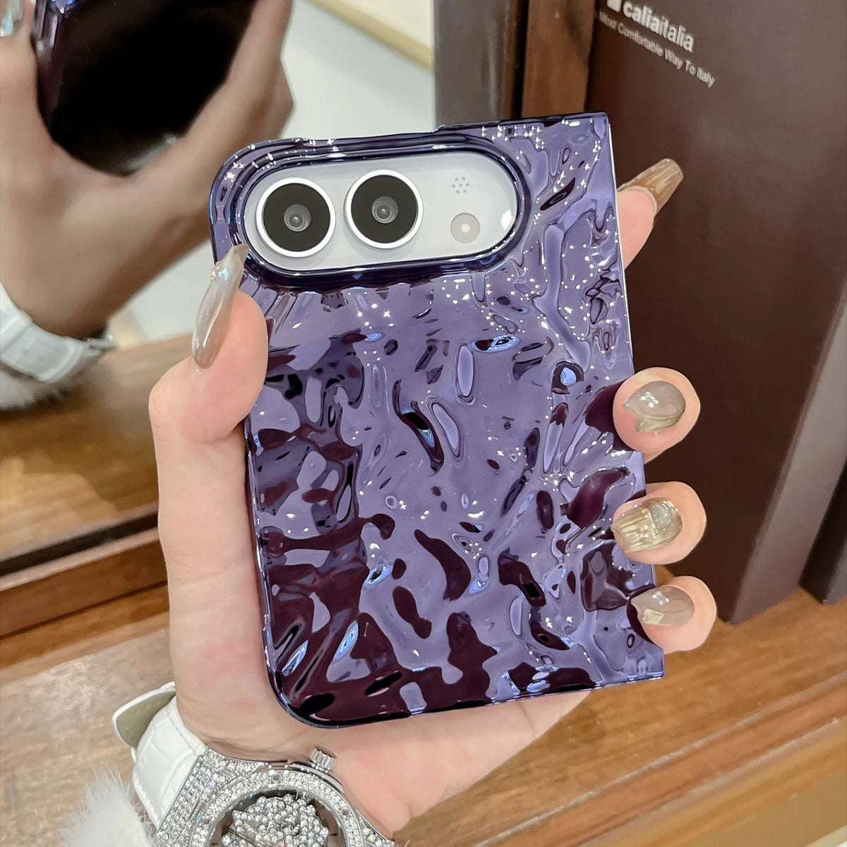 Creative Water Ripple Wrinkles Electroplating Case for iPhone Duo NEW 18 Fold DUO Slim Shockproor Bumper Front and Rear Cover