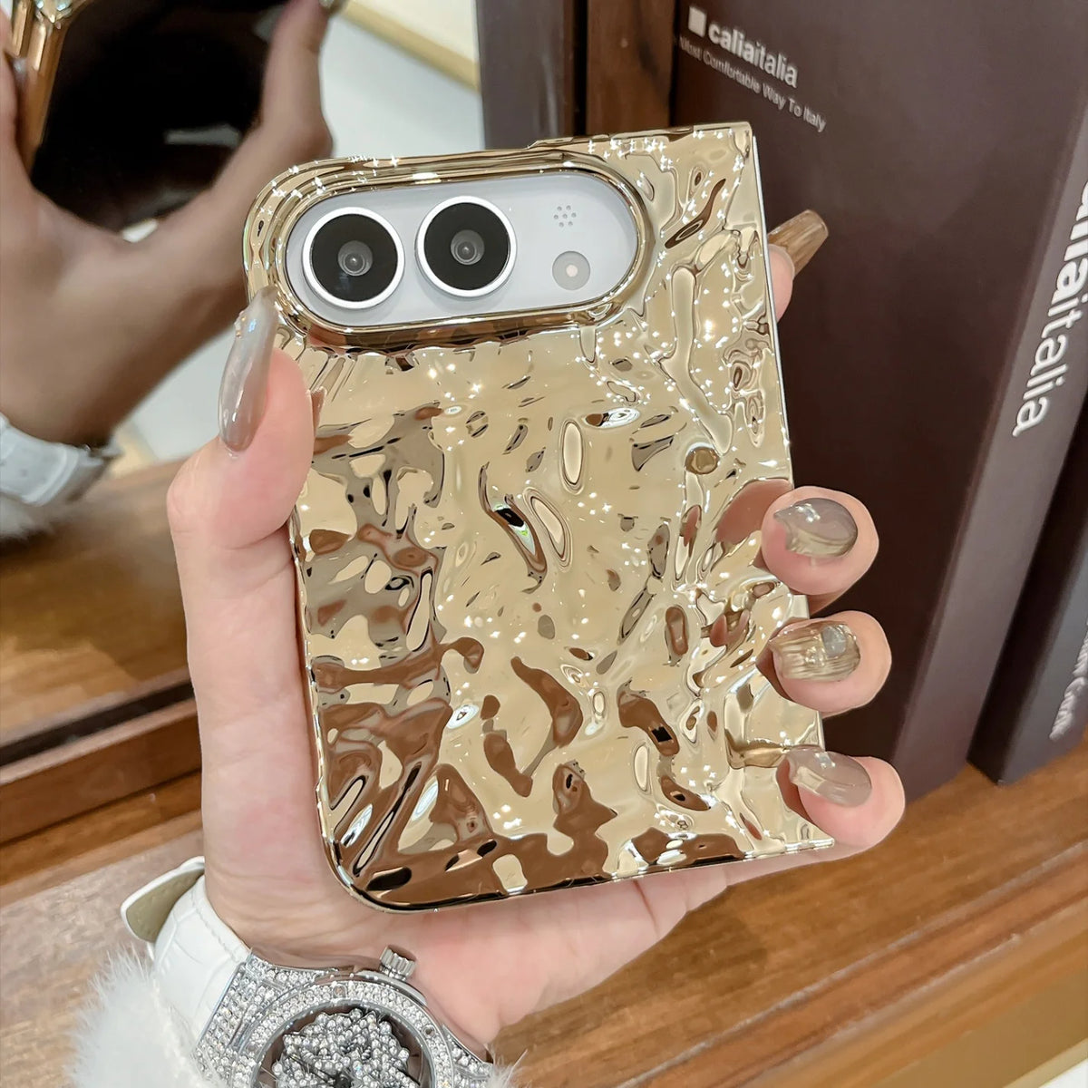 Creative Water Ripple Wrinkles Electroplating Case for iPhone Duo NEW 18 Fold DUO Slim Shockproor Bumper Front and Rear Cover