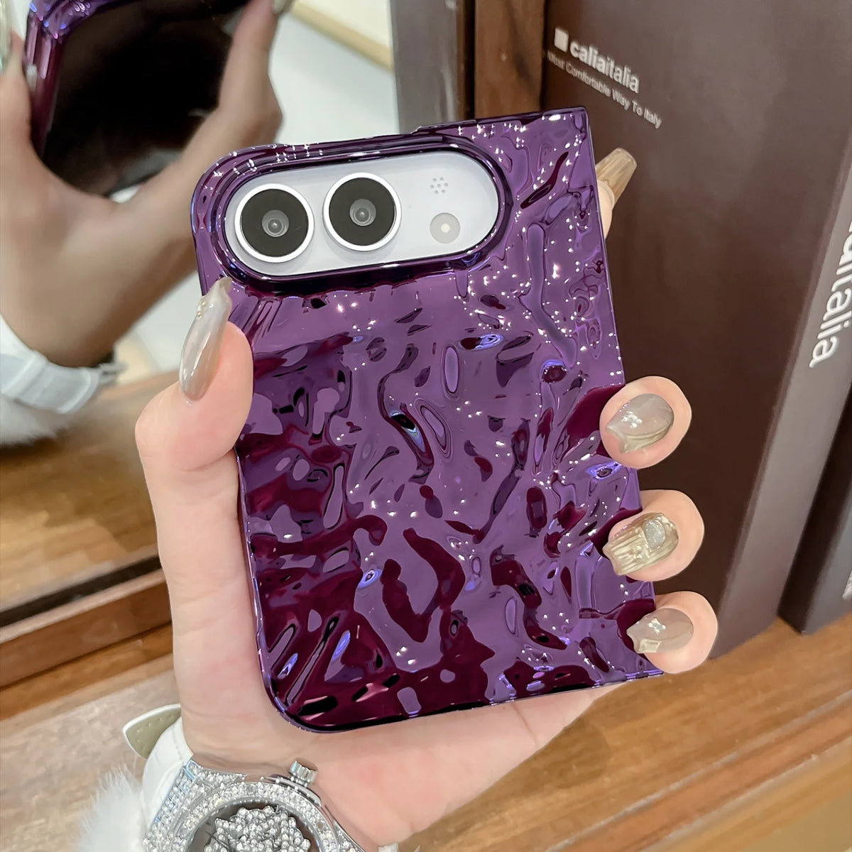 Creative Water Ripple Wrinkles Electroplating Case for iPhone Duo NEW 18 Fold DUO Slim Shockproor Bumper Front and Rear Cover
