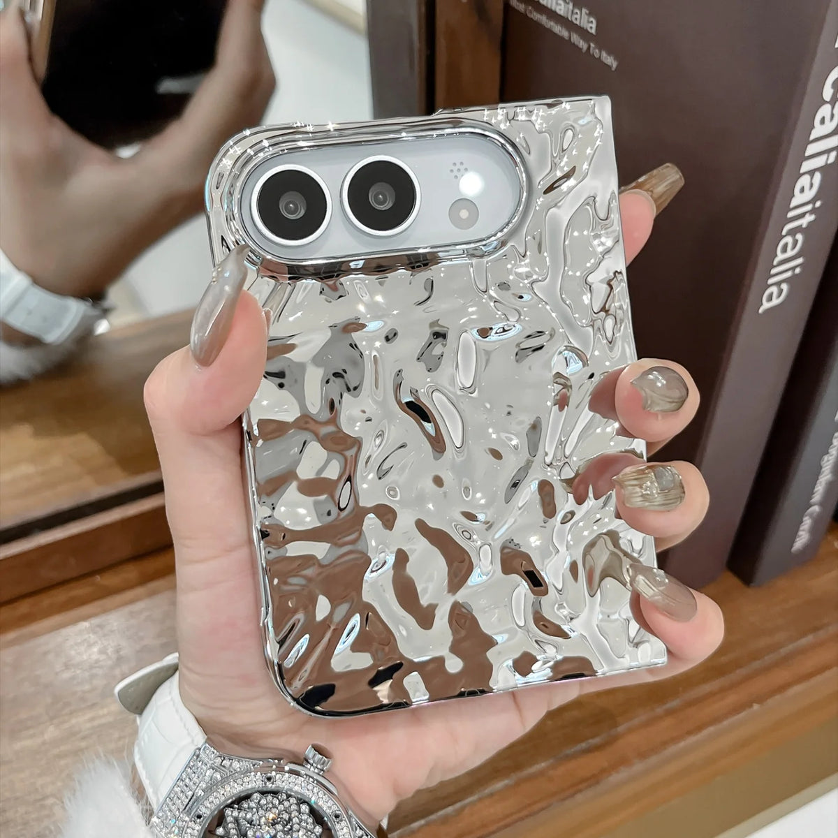 Creative Water Ripple Wrinkles Electroplating Case for iPhone Duo NEW 18 Fold DUO Slim Shockproor Bumper Front and Rear Cover